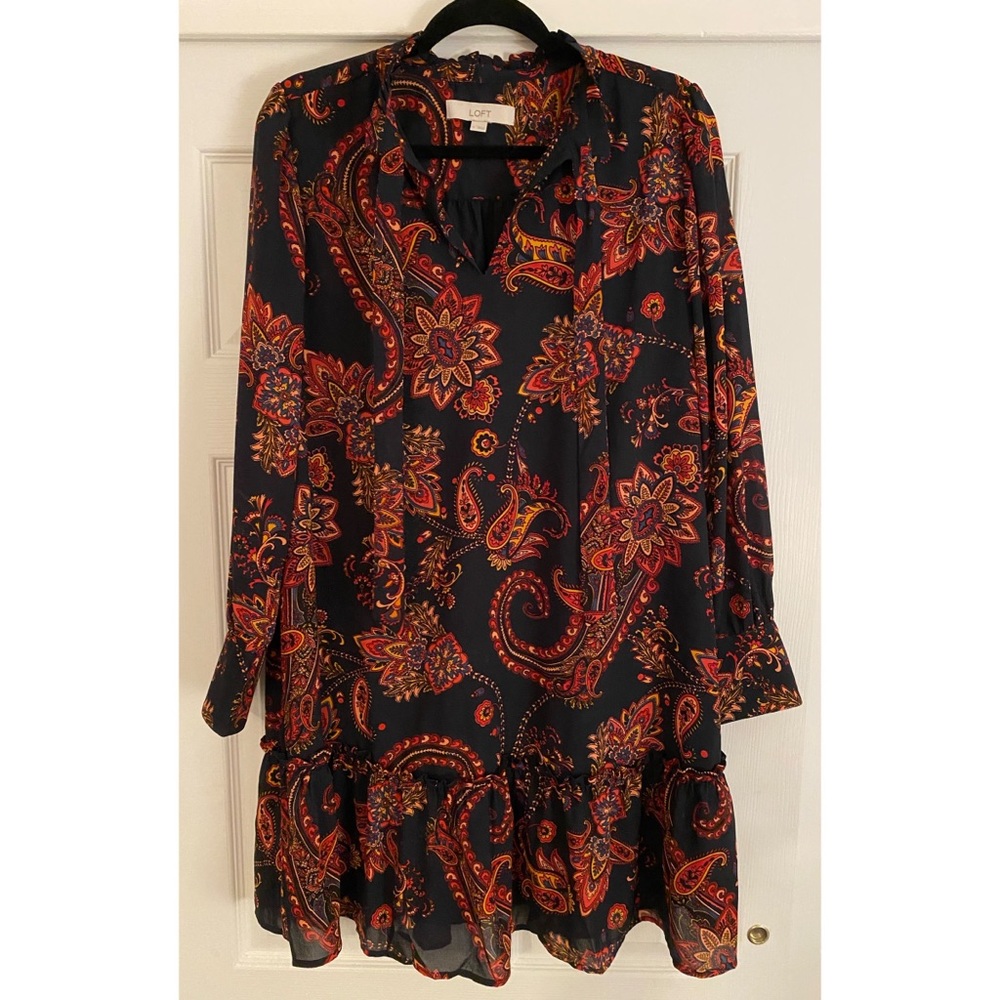 Ann Taylor Loft Navy Paisley Tie Neck Ruffle Dress